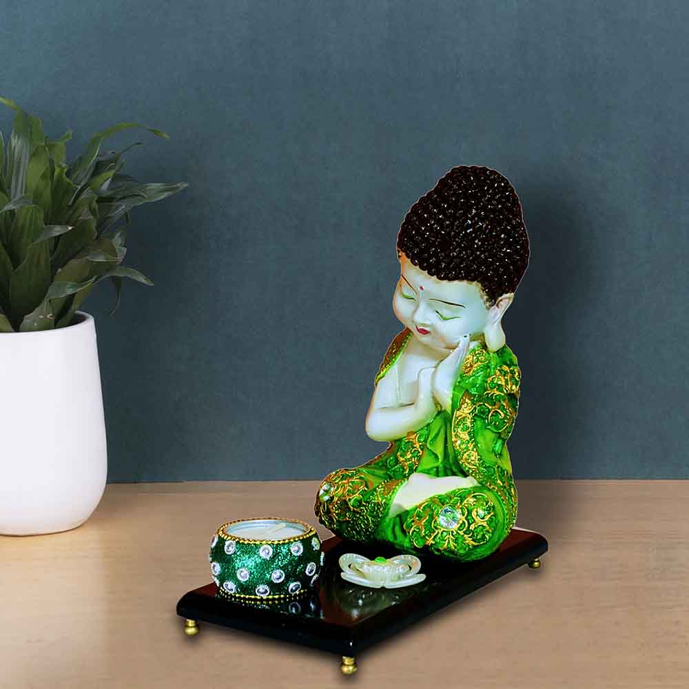 Green Baby Budha Showpiece on Tray